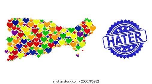 Blue rosette textured watermark with Hater phrase. Vector mosaic LGBT map of Capri Island with lovely hearts. Map of Capri Island collage created with lovely hearts in bright color tints.