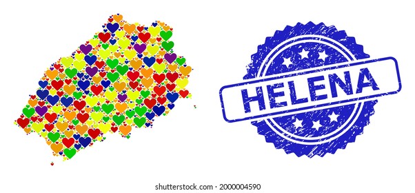 Blue rosette textured watermark with Helena text. Vector mosaic LGBT map of Saint Helena Island from lovely hearts.