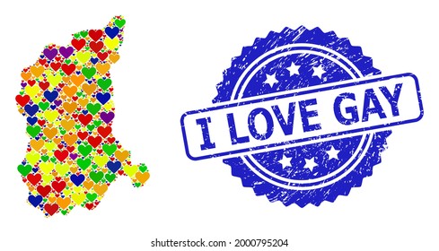 Blue rosette textured watermark with I Love Gay message. Vector mosaic LGBT map of Lubusz Province with love hearts. Map of Lubusz Province collage designed with love hearts in colorful color hues.