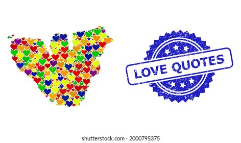 Blue rosette textured watermark with Love Quotes message. Vector mosaic LGBT map of Moorea Island with love hearts. Map of Moorea Island collage composed with lovely hearts in bright color hues.