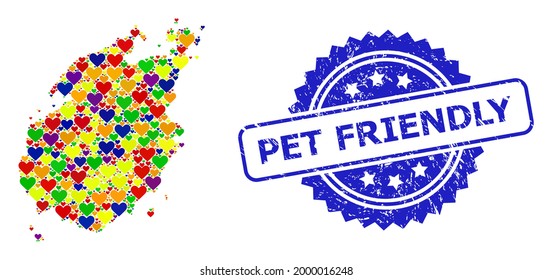 Blaues Rosette strukturiertes Wasserzeichen mit Pet Friendly Nachricht. Vektor-Mosaik LGBT Karte von Paros Island aus schönen Herzen. Karte von Paros Island Collage mit schönen Herzen in farbigen Tönen.