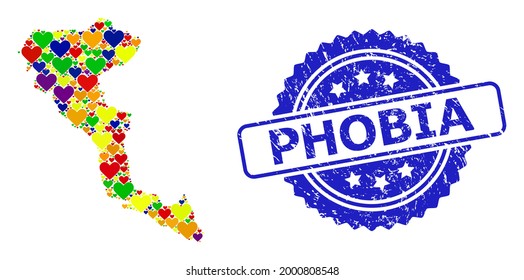 Blue rosette textured watermark with Phobia text. Vector mosaic LGBT map of Corfu Island from love hearts. Map of Corfu Island collage formed with love hearts in bright color hues.