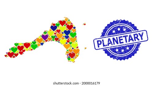Marca de agua texturada de rosette azul con leyenda planetaria. Mapa del mosaico vectorial LGBT de la cuerda Koh de los corazones de amor. Mapa del collage de Koh Lipe diseñado con corazones de amor en tonos multicolores.