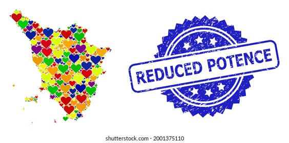Marca de agua texturada de rosette azul con mensaje de potencia reducida. Mapa de mosaico vector LGBT de la región de Toscana con corazones de amor.