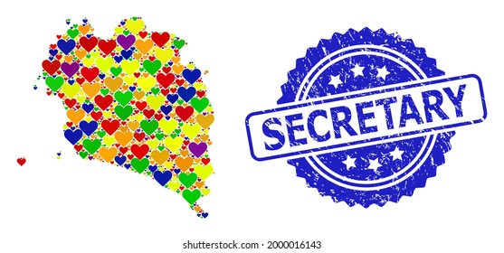 Blue rosette textured watermark with Secretary message. Vector mosaic LGBT map of Ko Pha Ngan with lovely hearts. Map of Ko Pha Ngan collage designed with lovely hearts in bright color hues.