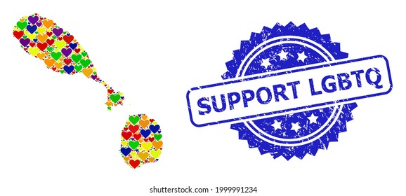 Blue rosette textured watermark with Support Lgbtq message. Vector mosaic LGBT map of Saint Kitts and Nevis with love hearts.