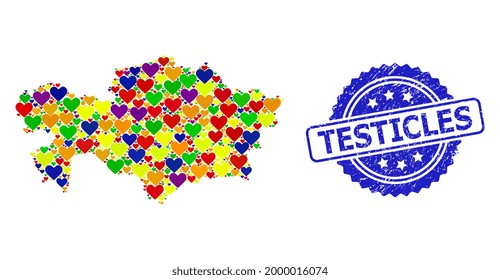 Blue rosette textured watermark with Testicles title. Vector mosaic LGBT map of Kazakhstan with hearts. Map of Kazakhstan collage designed with lovely hearts in colorful color tones.