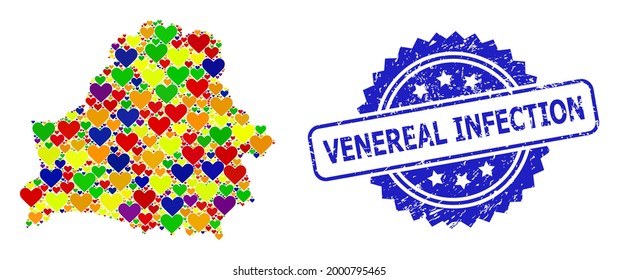 Marca de agua texturada de rosette azul con frase de infección venérea. Mapa del mosaico vectorial LGBT de Bielorrusia con encantadores corazones. Mapa del collage de Bielorrusia formado con hermosos corazones en coloridos tintes de color.