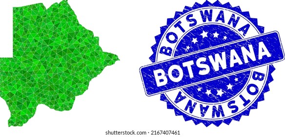 Blue Rosette Unclean Stamp And Low-poly Botswana Map Mosaic In Green Colors. Triangulated Botswana Map Polygonal Symbol Illustration With Scratched Blue Watermark.