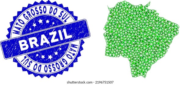 Rosette azul impuro sello y bajo polilla Mato Grosso do Sul State mapa mosaico en colores verdes. Mapa triangulado de Mato Grosso do Sul State, ilustración poligonal 2d, e imitación de sello azul impuro.