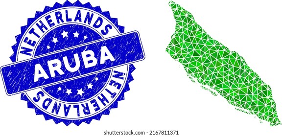 Blue rosette unclean stamp seal and low-poly Aruba Island map mosaic in green colors. Triangulated Aruba Island map polygonal symbol illustration, and textured blue seal imitation.