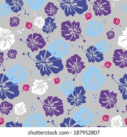 BLUE  ROSY AND WHITE HIBISCUS PATTERN ON GRAY BACKGROUND