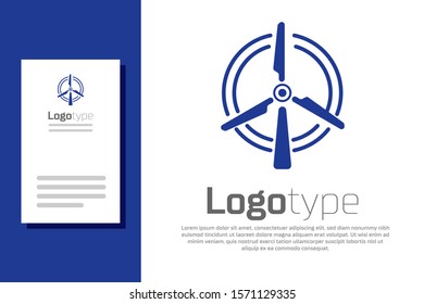 Blue Rotating wind turbine icon isolated on white background. Wind generator sign. Windmill for electric power production. Logo design template element. Vector Illustration