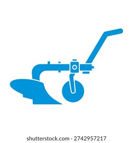 A blue rototiller machine with a single wheel and long handle