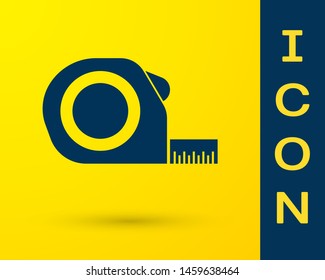 Blue Roulette construction icon isolated on yellow background. Tape measure symbol.  Vector Illustration