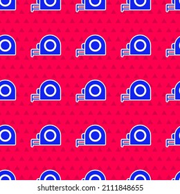 Blue Roulette construction icon isolated seamless pattern on red background. Tape measure symbol.  Vector