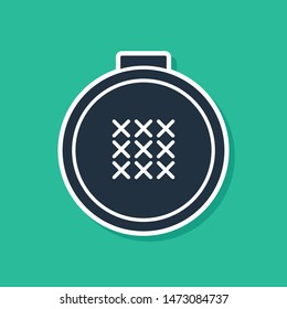 Blue Round adjustable embroidery hoop icon isolated on green background. Thread and needle for embroidery.  Vector Illustration