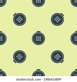 Blue Round adjustable embroidery hoop icon isolated seamless pattern on white background. Thread and needle for embroidery.  Vector Illustration