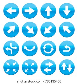 Blue round arrow pointer icons, cursor collection set, simple shape pointer flat design infographic pictogram concept vector for app web button ui ux interface elements isolated on white background