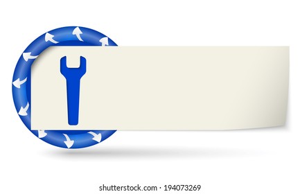blue round with arrows and paper on note and spanner