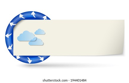blue round with arrows and paper on note and clouds