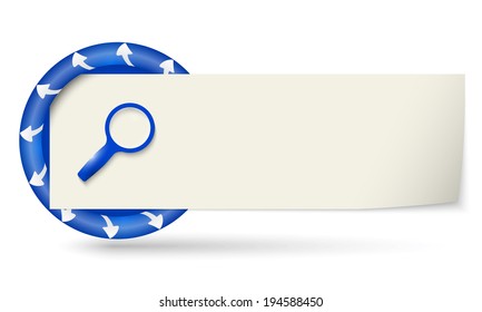 blue round with arrows and paper on note and magnifier