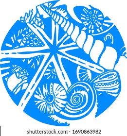arte redondo azul con estepa y conchas