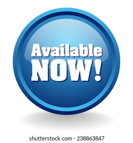 Blue round available now button on white background