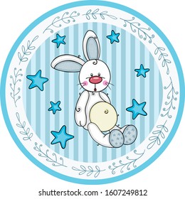 Blue round baby shower sticker labels with boy bunny
