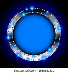 Blue round background with a silver frame with glowing lights. Vector illustration