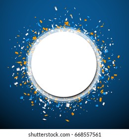 Blue round background with white and orange paper confetti. Vector illustration.