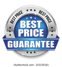 Blue round best price badge with ribbon on white background