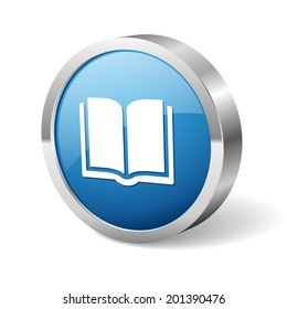 Blue round book button with metallic border on white background