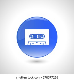 Blue round button with audio cassette icon for web design 