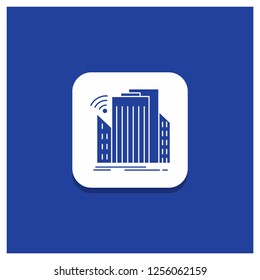 Blue Round Button for Buildings, city, sensor, smart, urban Glyph icon