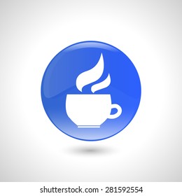 Blue round button with coffee icon for web design