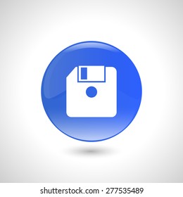 Blue round button with diskette icon for web design