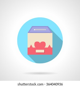 Blue round button with donation box with heart image. Flat color vector icon with long shadows. Charity, donations, volunteers concept. Single web design element for mobile app or website.