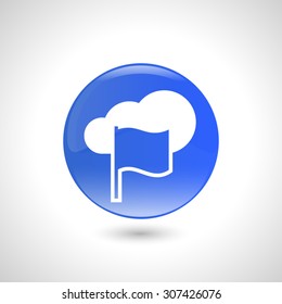 Blue round button with flag icon for web design