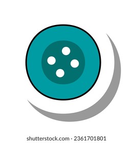 Blue round button flat paper sticker icon. Equipment or item for repairing clothes at workshop isolated on white background. Needlework and tailoring, hobby, craft, fashion concept