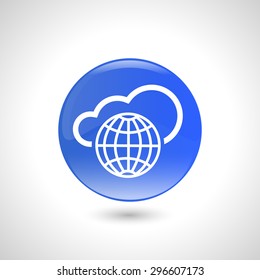 Blue round button with globe icon for web design