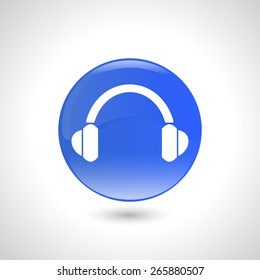 Blue round button with headphones icon for web design