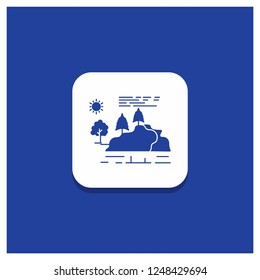 Blue Round Button for hill, landscape, nature, mountain, rain Glyph icon