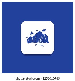 Blue Round Button for hill, landscape, nature, mountain, tree Glyph icon