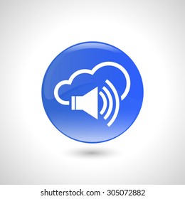 Blue round button with load speaker icon for web design