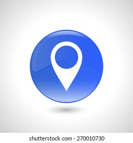 Blue round button with location icon for web design 