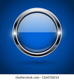 Blue round button with metal frame. On blue background. Vector 3d illustration