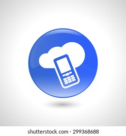 Blue round button with mobile phone icon for web design
