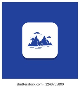 Blue Round Button for Mountain, hill, landscape, nature, sun Glyph icon