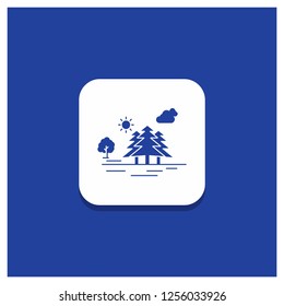 Blue Round Button for Mountain, hill, landscape, nature, clouds Glyph icon